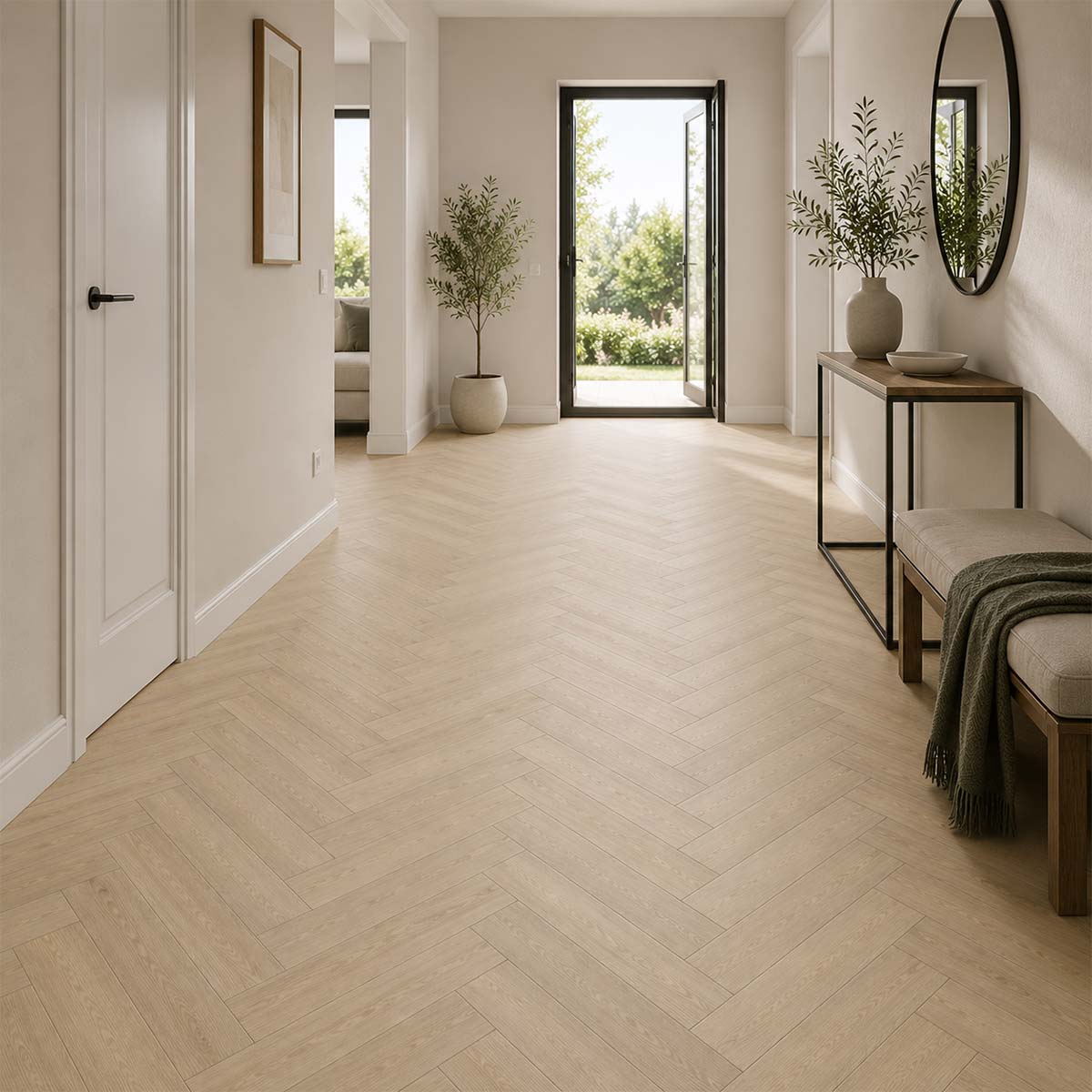 Klick Vinyl Forest Fischgrät mit Kork-Trittschall im modernen Flur mit heller Holzoptik