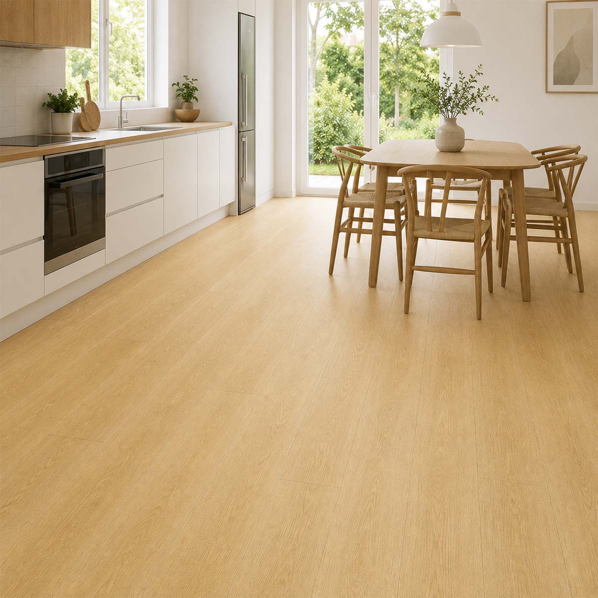 Klick Vinyl GreenLine Basic Eiche Natur in heller Küche mit Essbereich