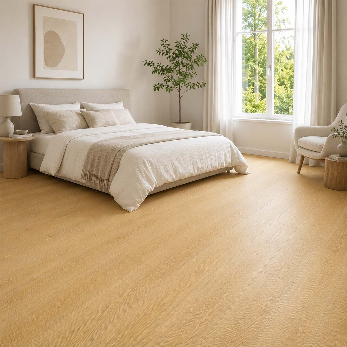 Klick Vinyl GreenLine Basic Eiche Natur im Schlafzimmer mit warmer Landhausdielenoptik