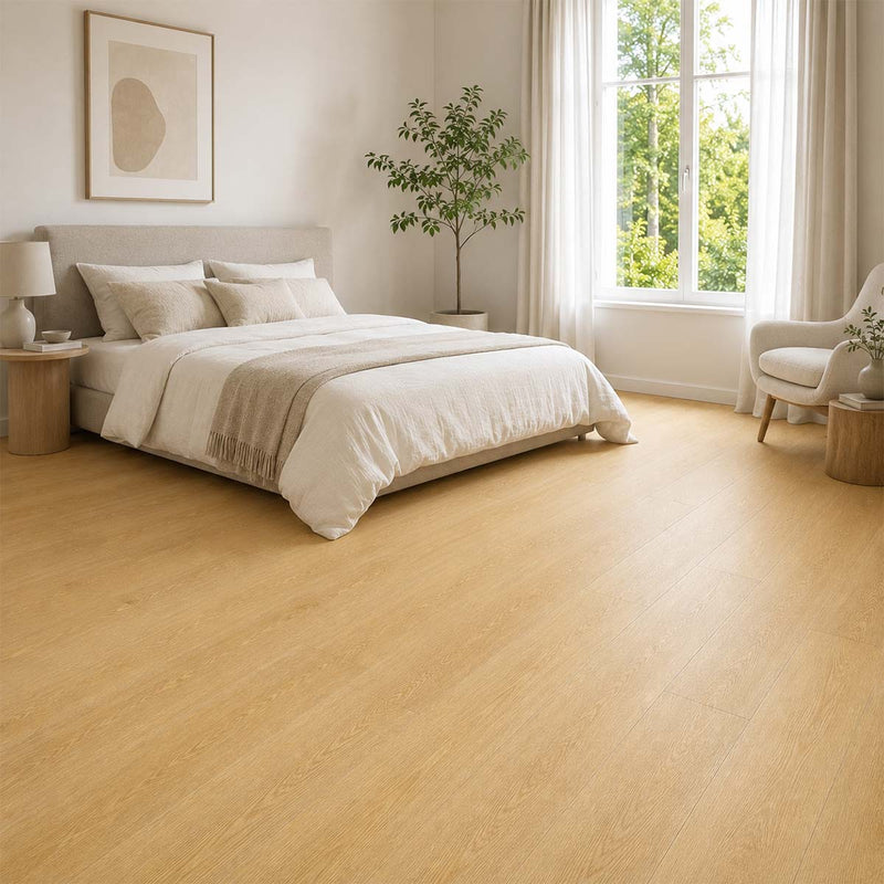 Klick Vinyl GreenLine Basic Eiche Natur im Schlafzimmer mit warmer Landhausdielenoptik