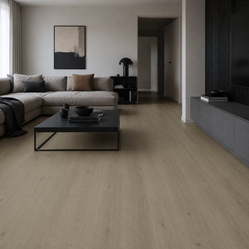 Elegantes Wohnzimmer mit GreenLine Eiche Ilex Vinylboden, zeitlos klassisch mit modernem Design und Trittschallschutz