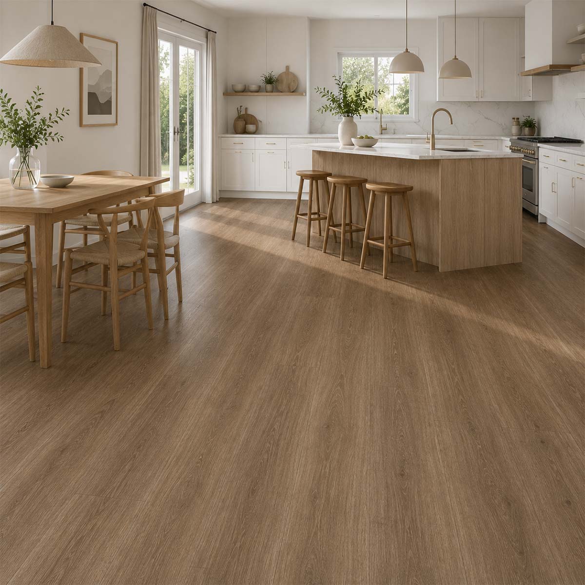 Klick Vinyl Greenline Eiche Malta in moderner Küche mit Essbereich und natürlicher Holzoptik