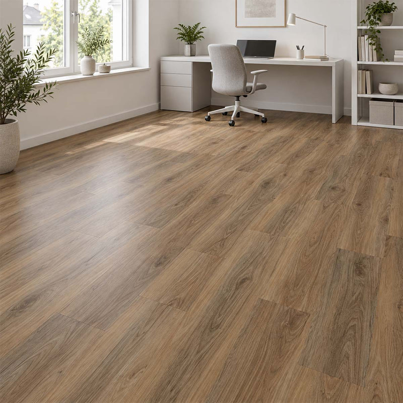 Klick Vinyl GreenLine Silent XL Walnuss Natur mit Trittschalldämmung im Arbeitszimmer mit weißem Schreibtisch – Floor4All.
