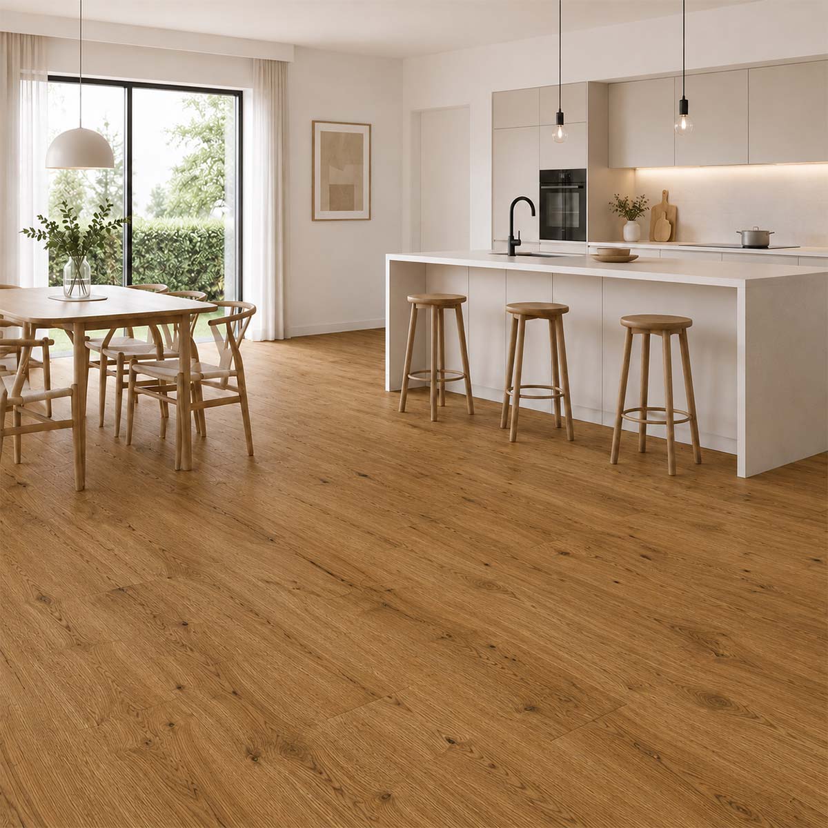 Klick Vinyl Herbst Eiche in moderner Küche mit Essbereich und natürlicher Holzoptik