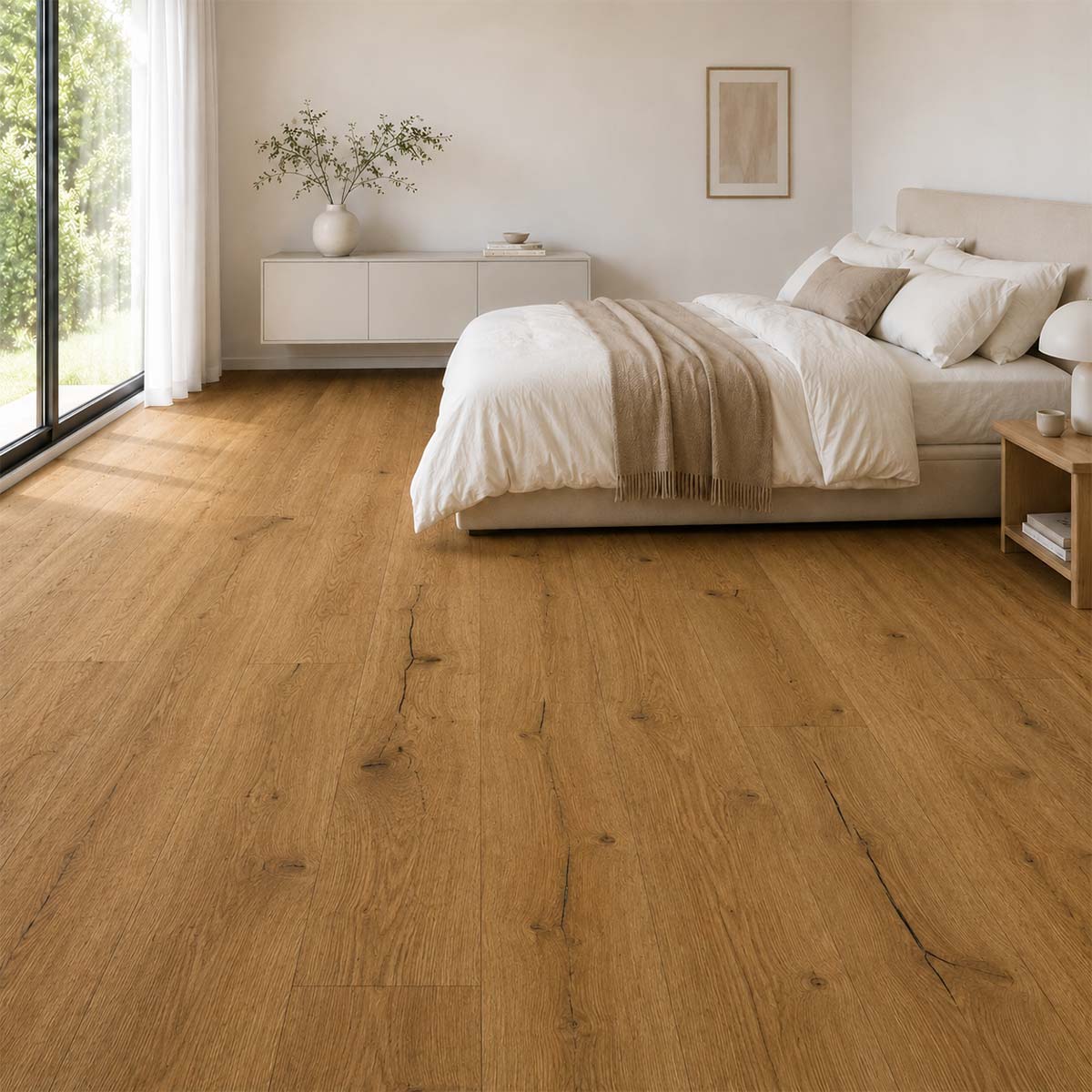 Klick Vinyl Herbst Eiche als warmer Holzoptikboden im Schlafzimmer