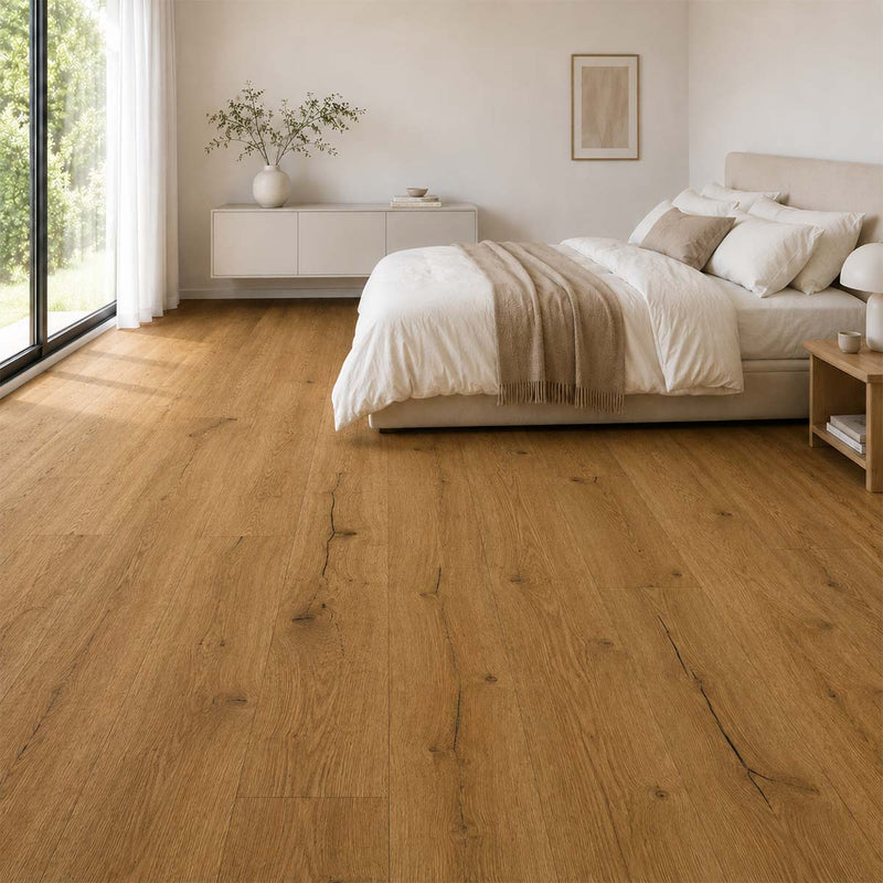 Klick Vinyl Herbst Eiche als warmer Holzoptikboden im Schlafzimmer