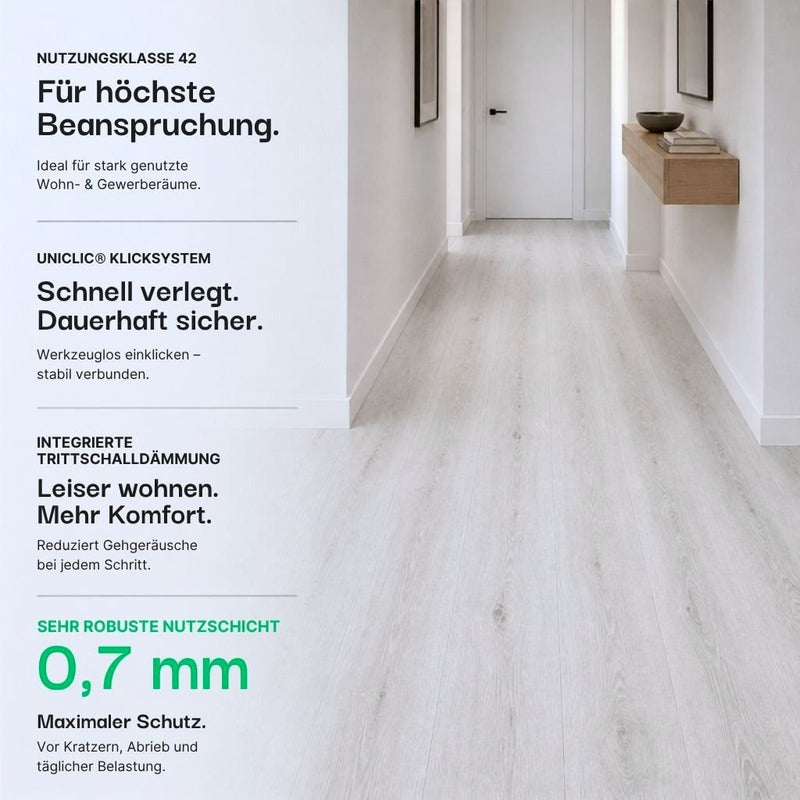 Nutzungsklasse 42, Uniclic-Klicksystem und 0,7 mm Nutzschicht im Überblick von Floor4all