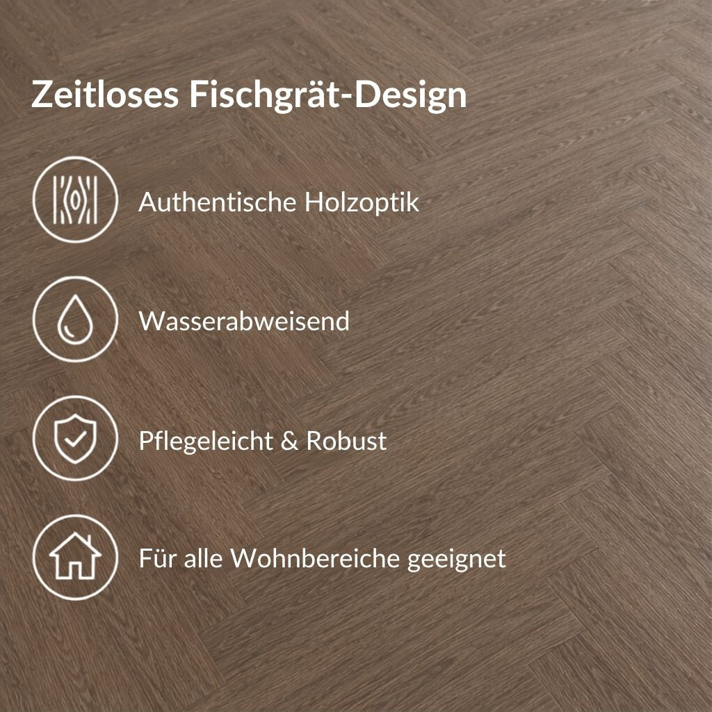 Fischgrät Lilli USPs – authentische Holzoptik, 100% wasserfest, pflegeleicht & robust, für alle Räume