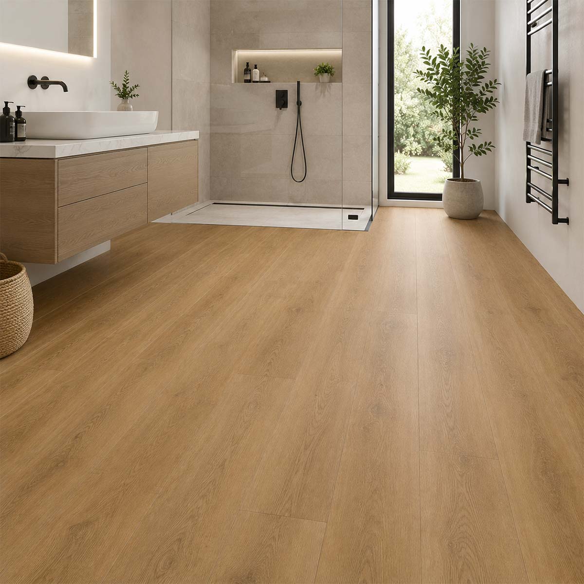 Klick Vinyl Prime Eiche Light mit Trittschall in einem modernen Badezimmer