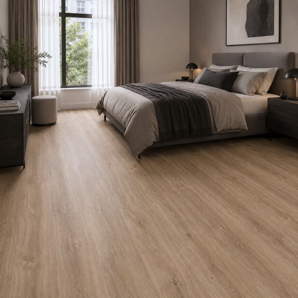 Warmer Rustic-Oak-Vinylboden im Schlafzimmer mit Polsterbett und dunklen Möbeln von Floor4all