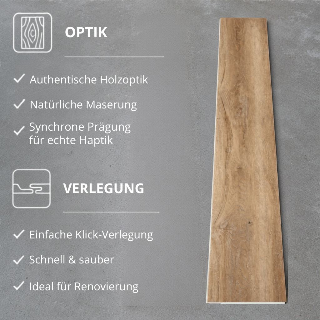 Übersicht zu authentischer Holzoptik und einfacher Klick-Verlegung der Landhausdiele von Floor4all
