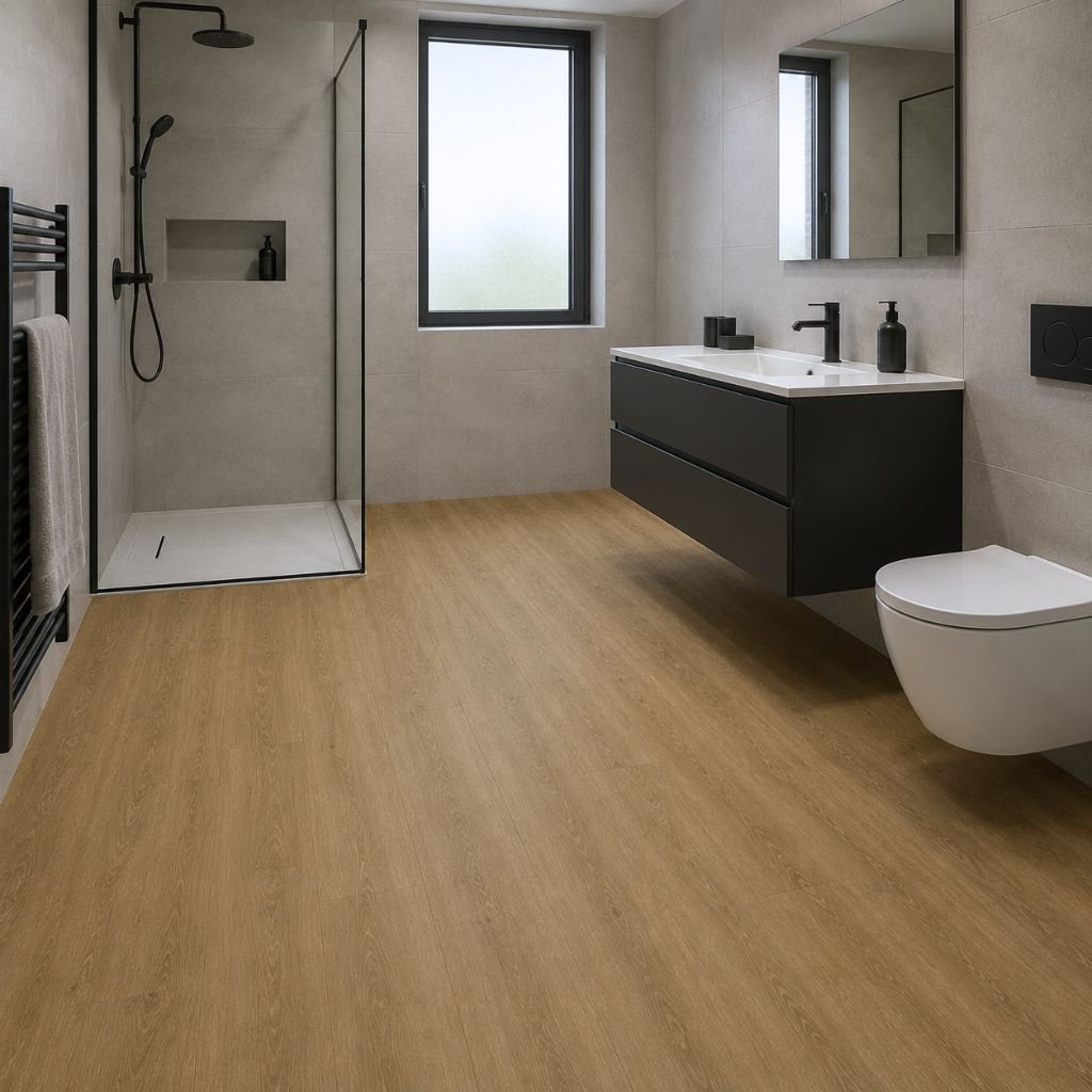 Modernes Badezimmer mit Santini Eiche Klick-Vinyl – wasserfest und 
pflegeleicht trotz Feuchtigkeit