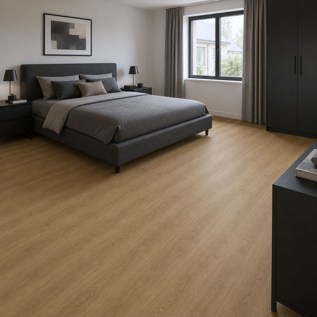 Ruhiges Schlafzimmer mit Santini Eiche Klick-Vinyl und Trittschalldämmung 
– für entspannten Schlaf