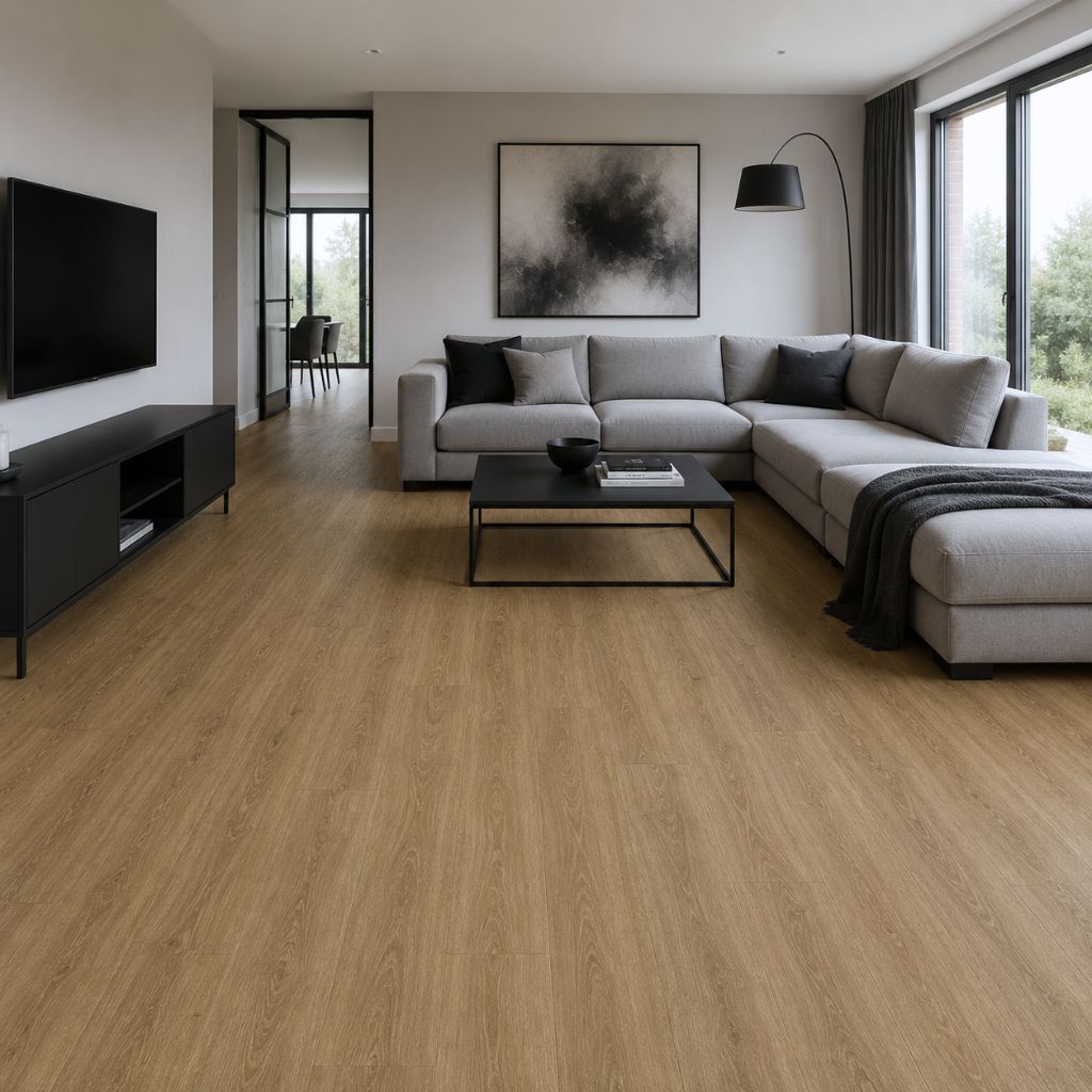 Modernes Wohnzimmer mit Santini Eiche Klick-Vinyl – warme Holzoptik, 
die Räume gemütlich macht
