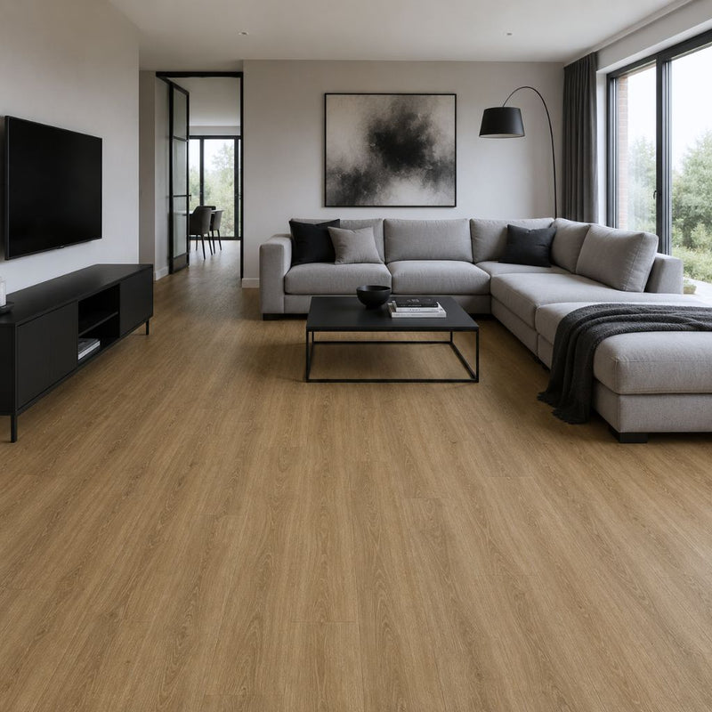 Modernes Wohnzimmer mit Santini Eiche Klick-Vinyl – warme Holzoptik, 
die Räume gemütlich macht