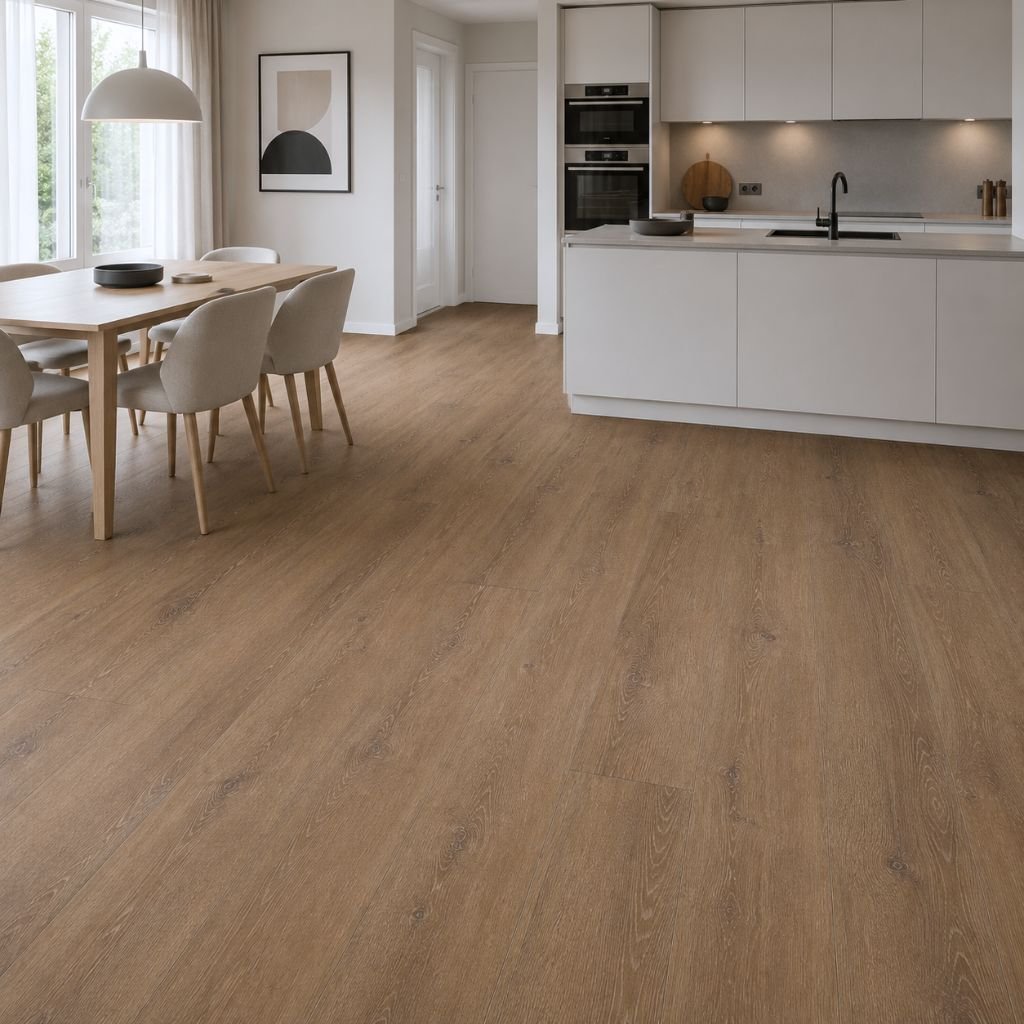 Warme Eichenoptik in offener Küche mit Essbereich – Klick-Vinyl mit Trittschalldämmung von Floor4all