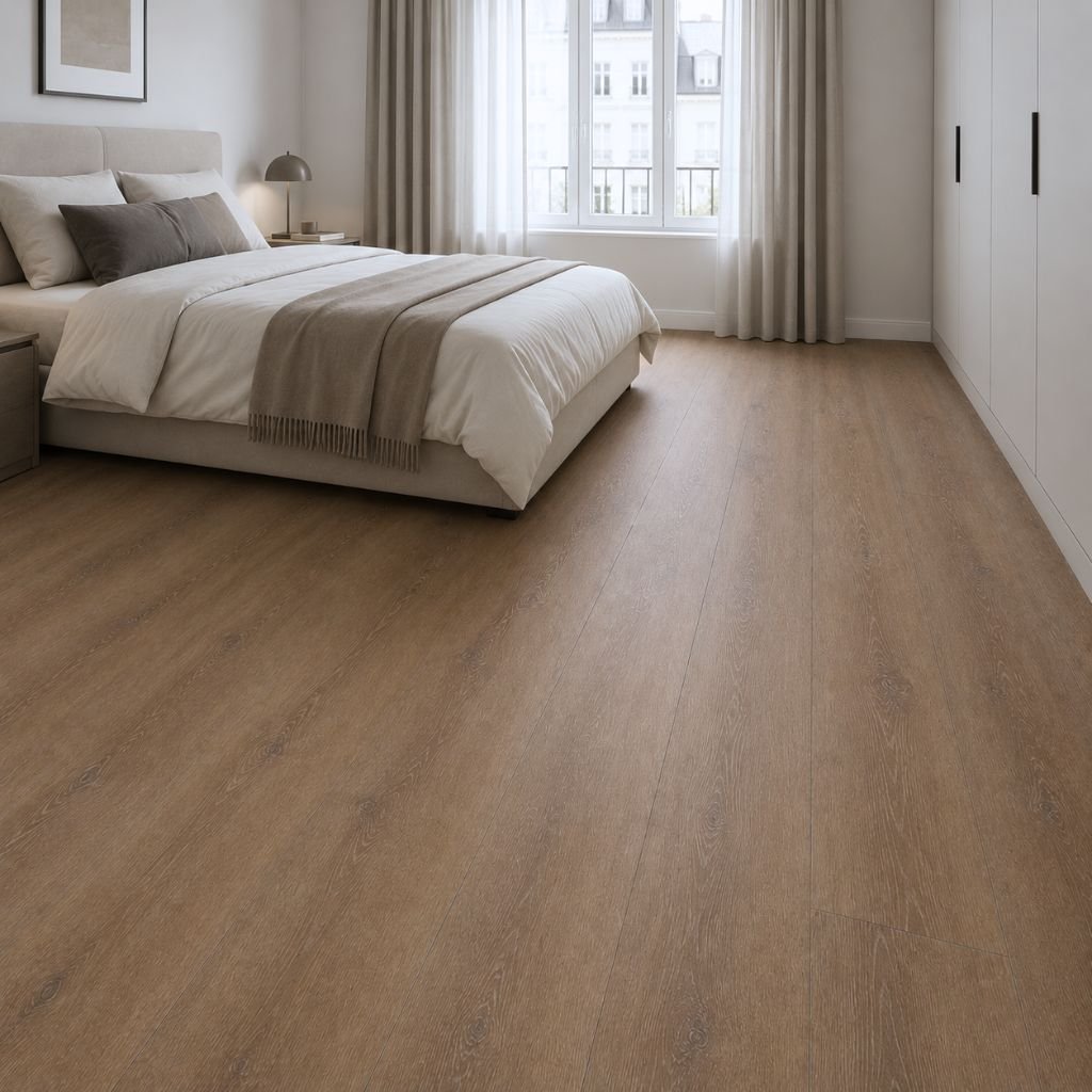 Gemütliche Schlafzimmeratmosphäre mit warmem Eichenholzboden und Trittschalldämmung von Floor4all