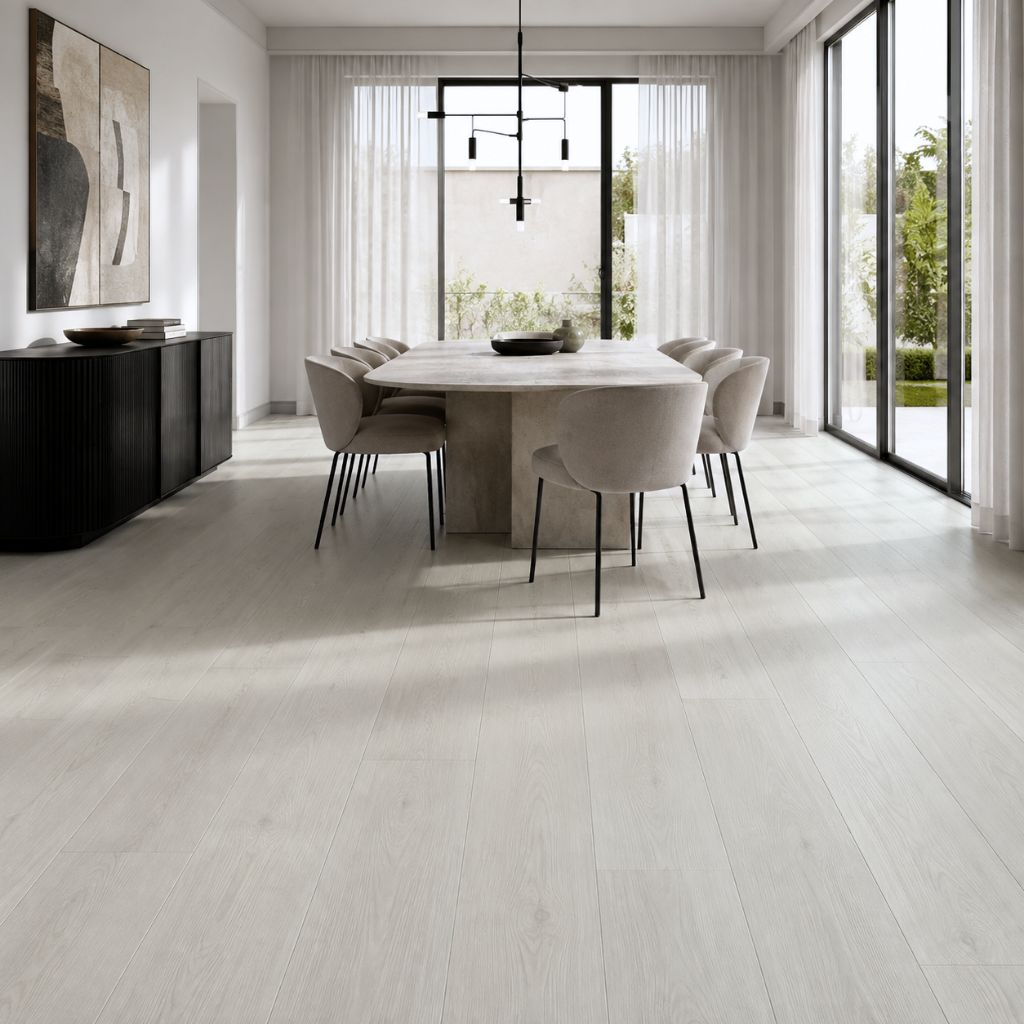 Klick Vinyl Vintage Oak Weiß Landhausdiele im hellen Esszimmer mit Essbereich – von Floor4all