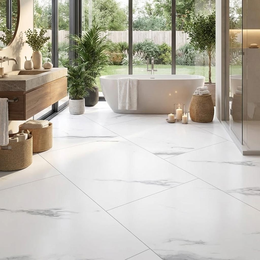 Klick Vinyl Greenline Silent XL Marmoroptik und Fliesenoptik in weiß bei Floor4all in Düsseldorf und Hilden