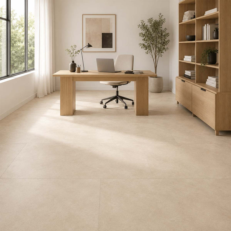 Klick Vinyl XL Beige Beton mit Trittschalldämmung im hellen Arbeitszimmer mit dezenter Betonoptik