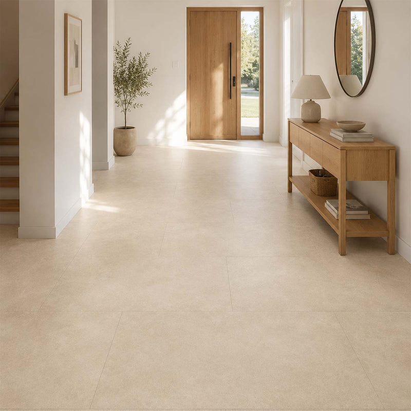 Klick Vinyl XL Beige Beton mit Trittschalldämmung im hellen Flur mit warmer Fliesenoptik