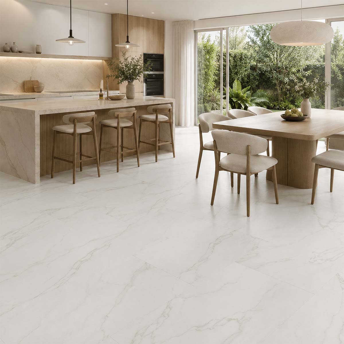 Klick Vinyl XL Carrara Marmor Hochglanz mit Trittschall in einer modernen Küche mit Essbereich