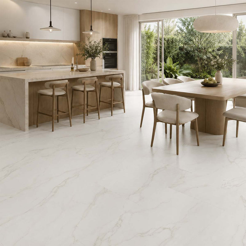 Klick Vinyl XL Carrara Marmor Hochglanz mit Trittschall in einer modernen Küche mit Essbereich