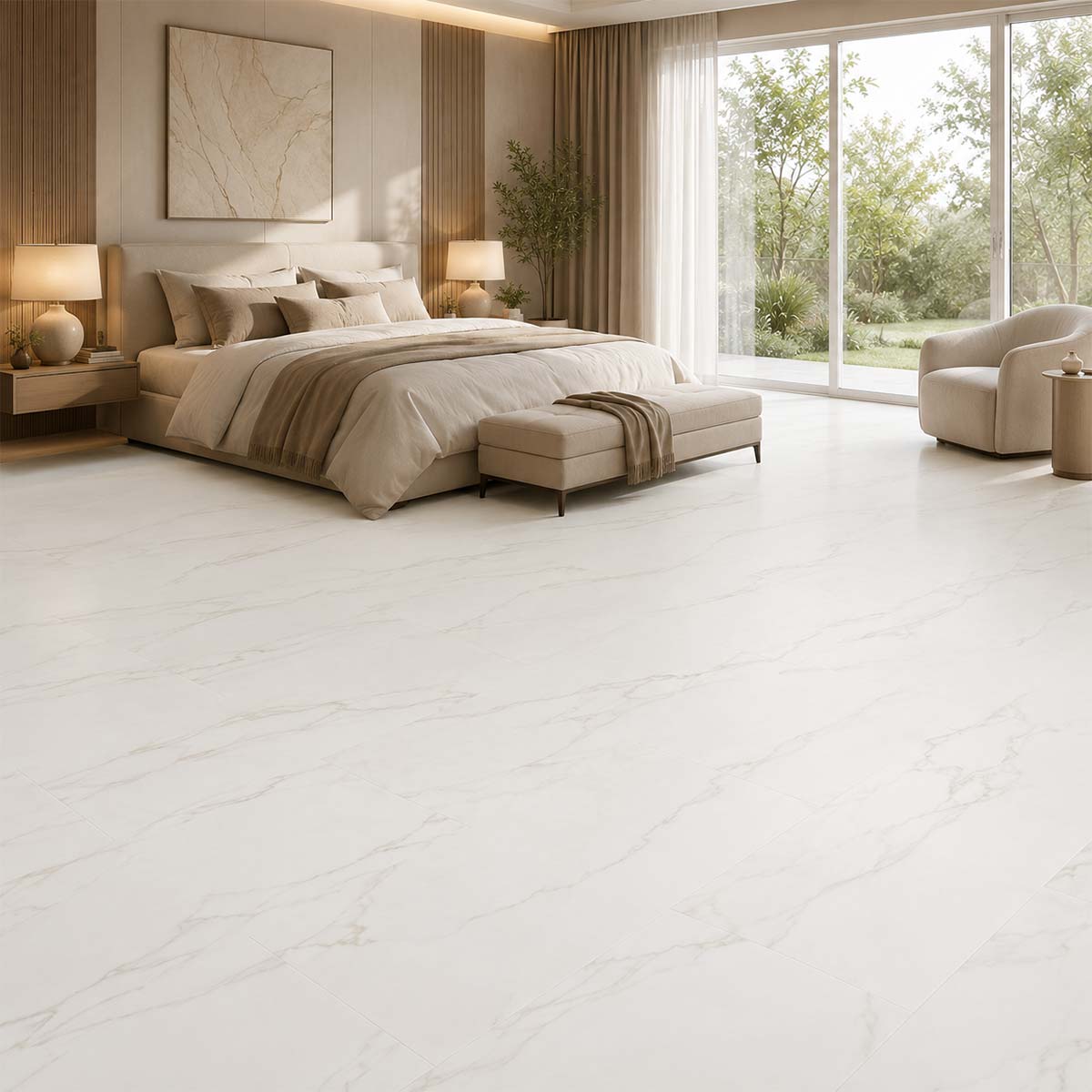Klick Vinyl XL Carrara Marmor Hochglanz mit Trittschall in einem eleganten modernen Schlafzimmer