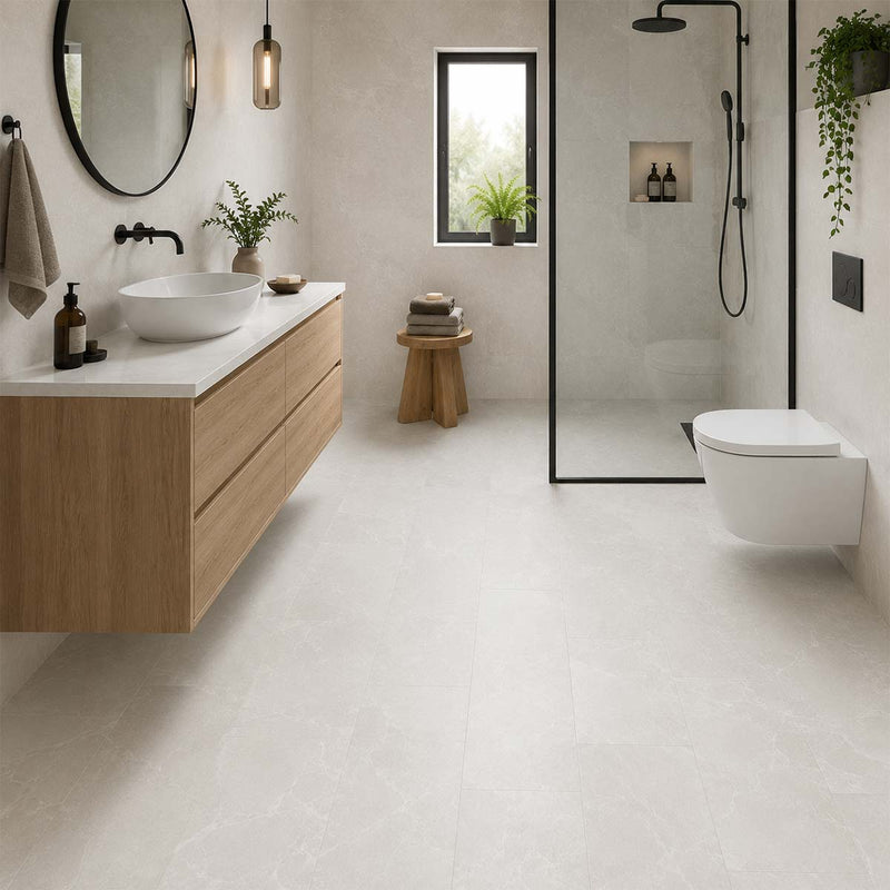 Klick Vinyl XL Granit White im modernen Badezimmer mit heller Granitoptik