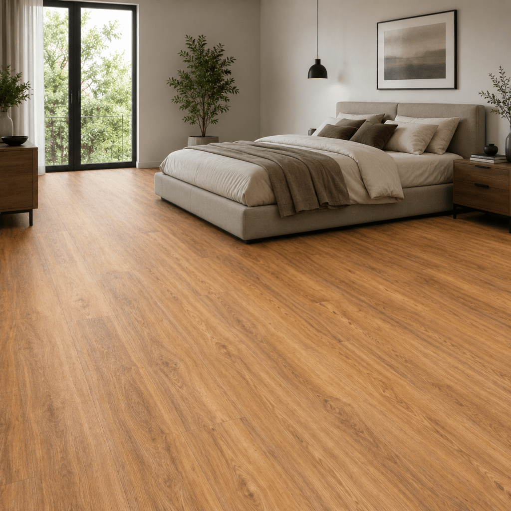 Klick Vinyl XL Walnuss Natur Greenline verlegt in einem angenehmen und warmen Schlafzimmer