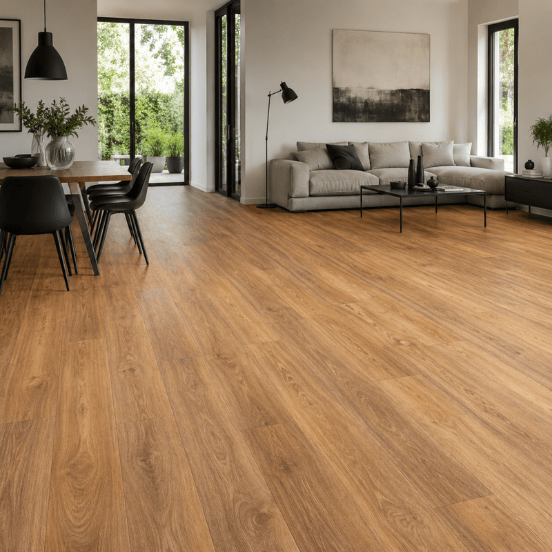 Klick Vinyl XL Walnuss Natur GreenLine im hellen Wohnzimmer mit warmer Holzoptik
