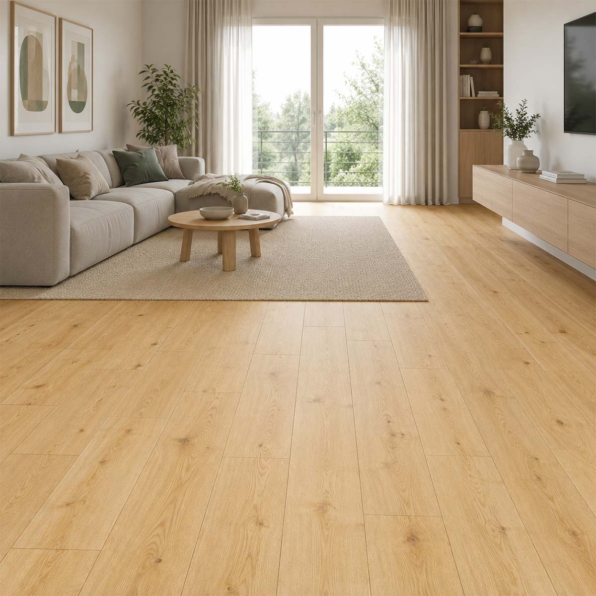 Helles skandinavisches Wohnzimmer mit Klick Vinylboden Dennett Pro Nature Classen in natürlicher Eichenoptik.
