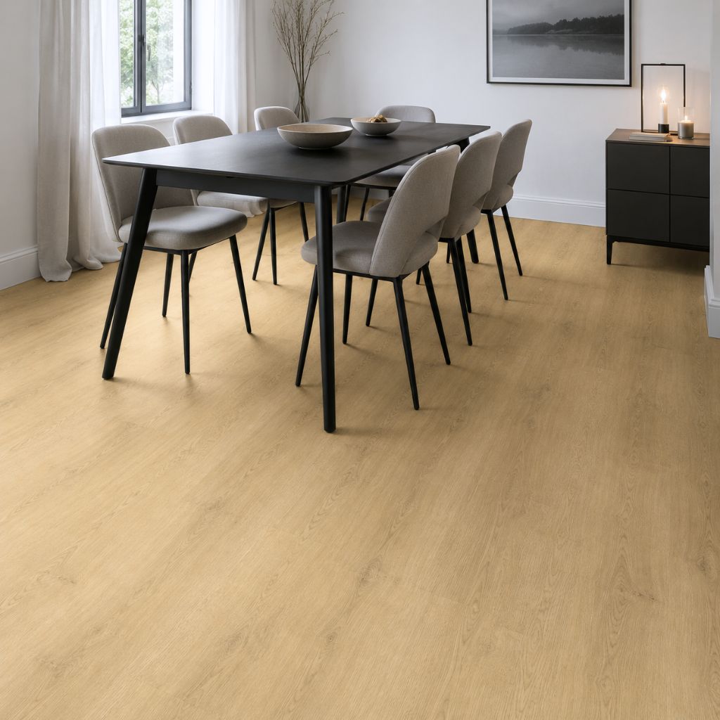Heller Eichenboden im Esszimmer mit dunklem Massivholztisch und gepolsterten Stühlen von Floor4all