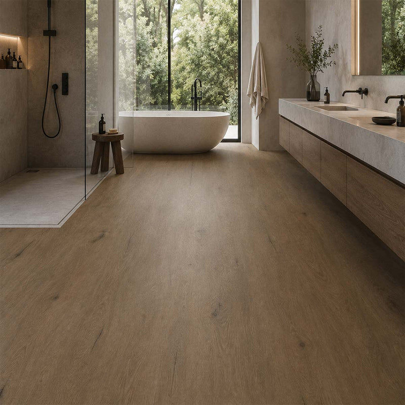 Klick Vinylboden Eiche Islas mit Trittschalldämmung in einem modernen Badezimmer