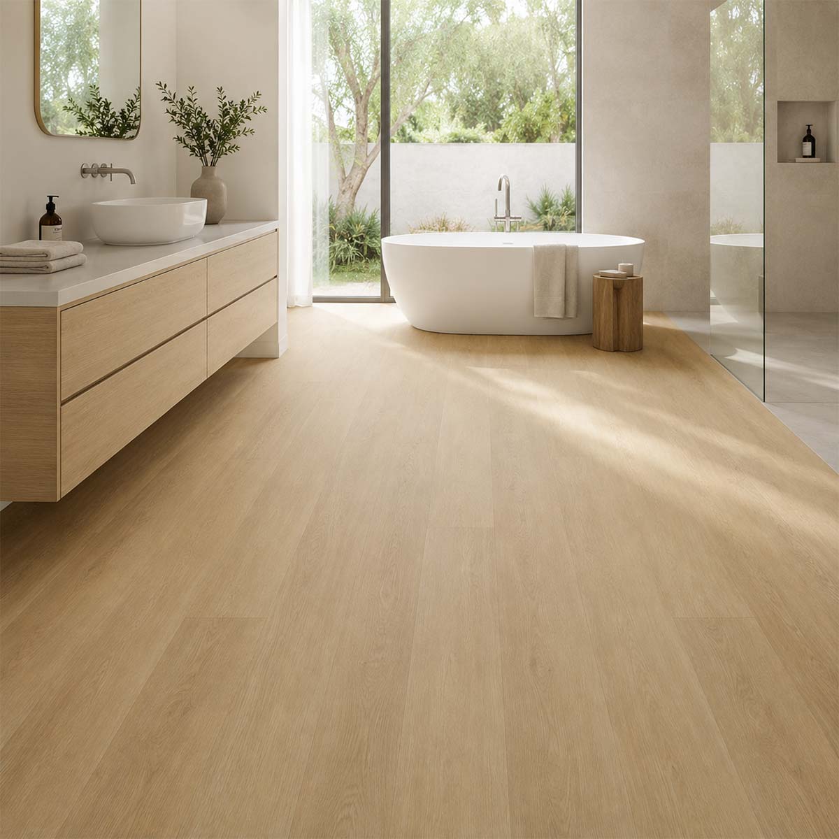 Klick Vinylboden Eiche Morbach Check One mit Trittschall in einem modernen Badezimmer