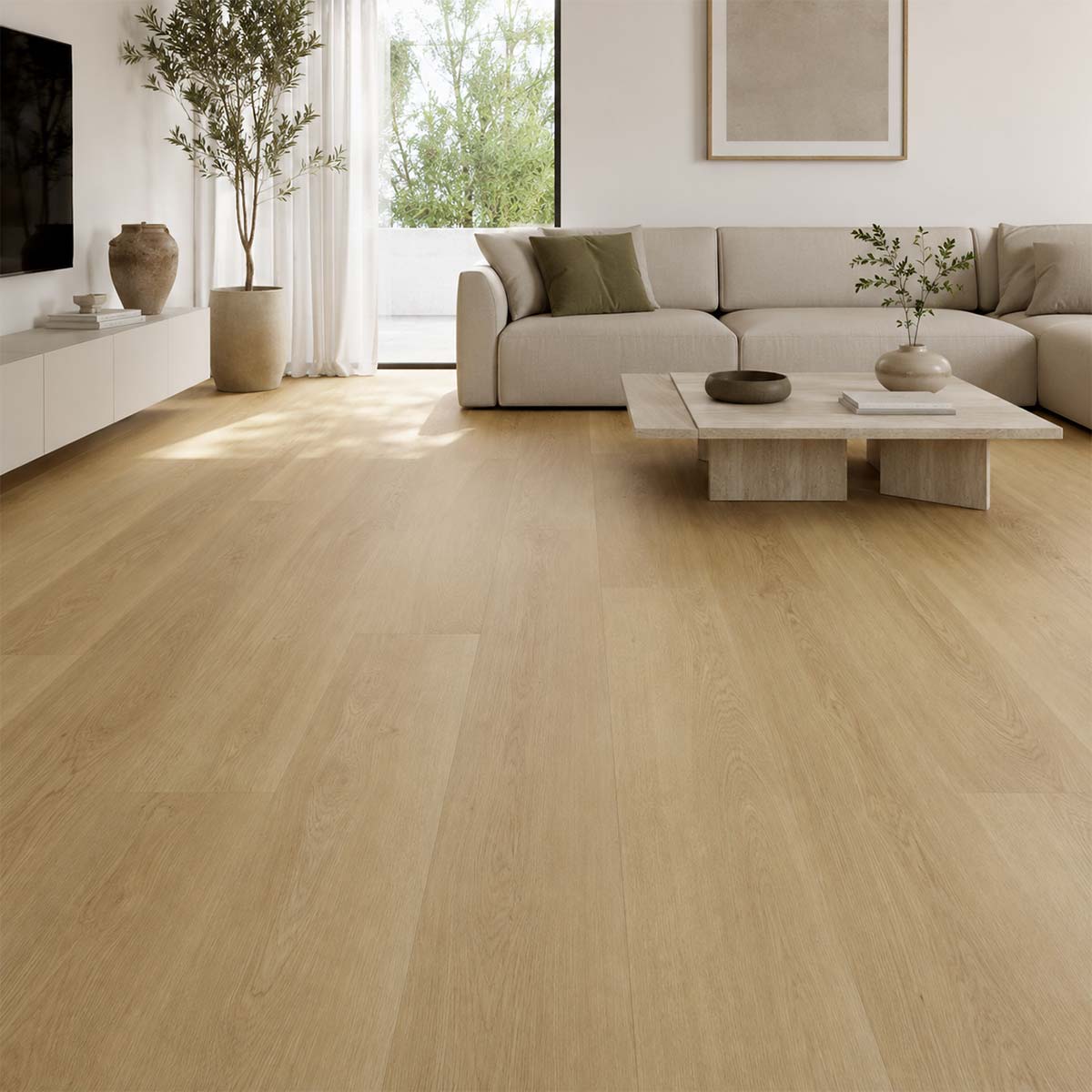 Klick Vinylboden Eiche Morbach Check One mit Trittschall in einem modernen Wohnzimmer