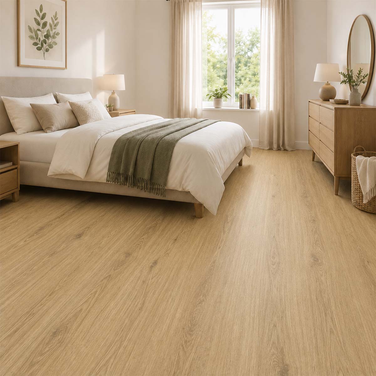 Klick Vinylboden Eiche Spring Light mit Trittschalldämmung in einem hellen gemütlichen Schlafzimmer
