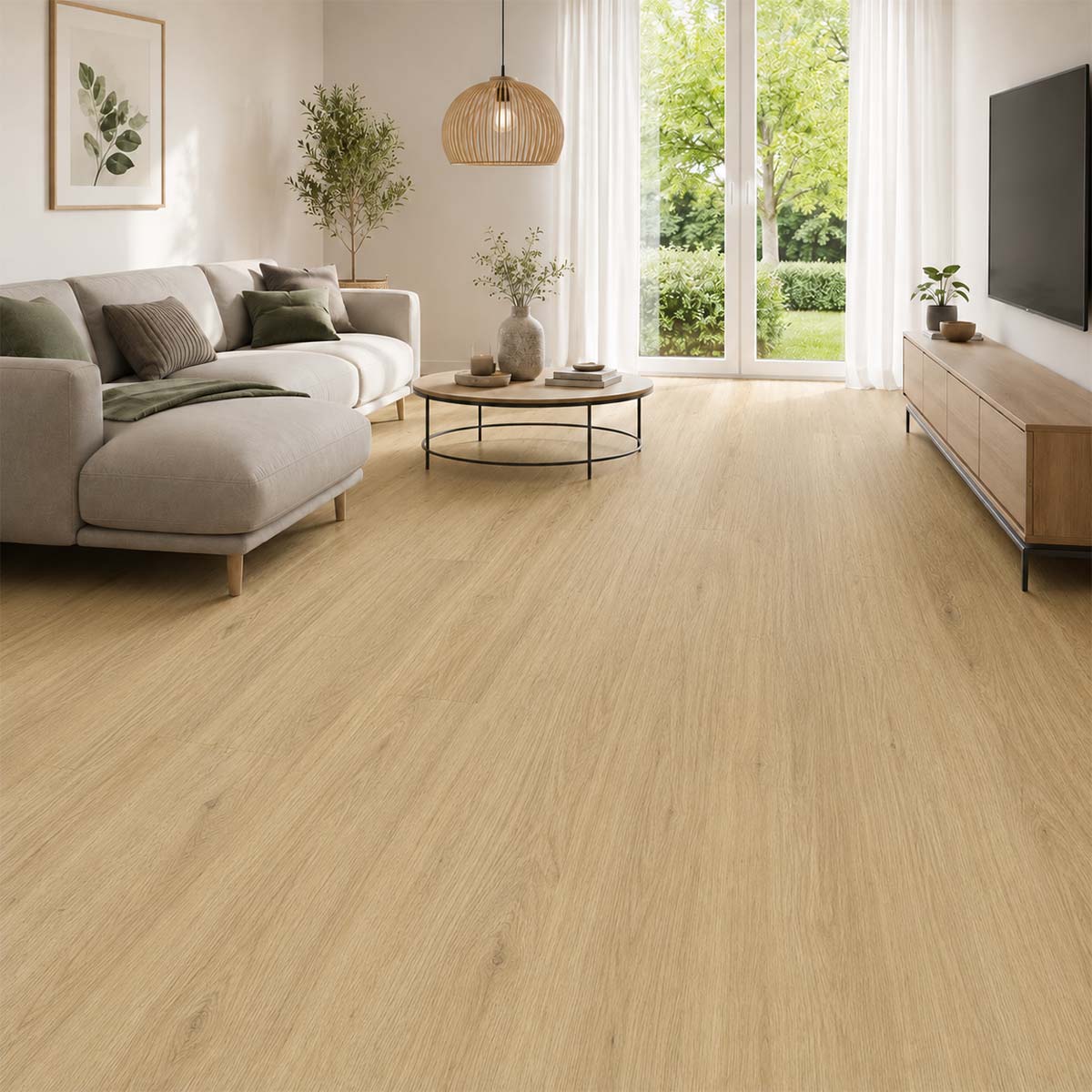 Klick Vinylboden Eiche Spring Light mit Trittschalldämmung in einem hellen modernen Wohnzimmer