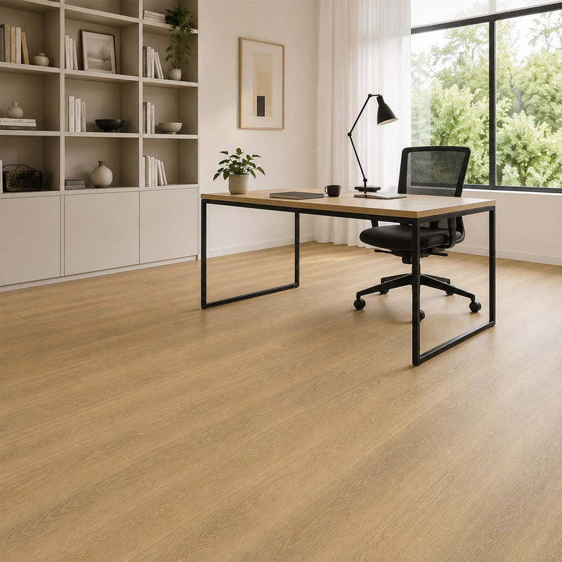 Klick Vinylboden Eiche Stadt mit Trittschalldämmung in einem modernen Arbeitszimmer