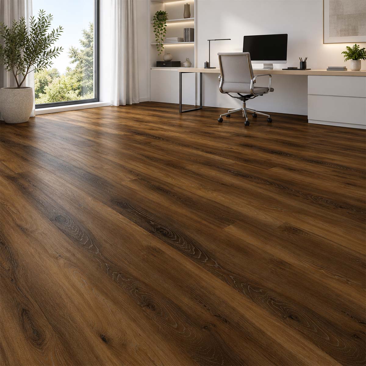 Klick Vinylboden Eiche Vaduz in einem hellen und minimalistisch eingerichteten Arbeitszimmer