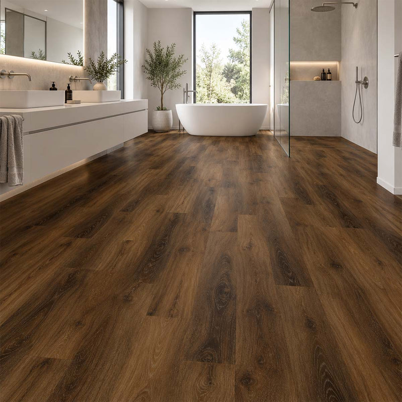 Klick Vinylboden Eiche Vaduz in einem modernen Badezimmer mit bodengleicher Dusche