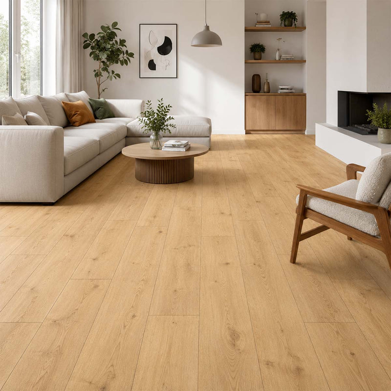 Klick Vinylboden Fergus Pro Nature Classen in einem hellen Schlafzimmer mit warmer Eichenoptik