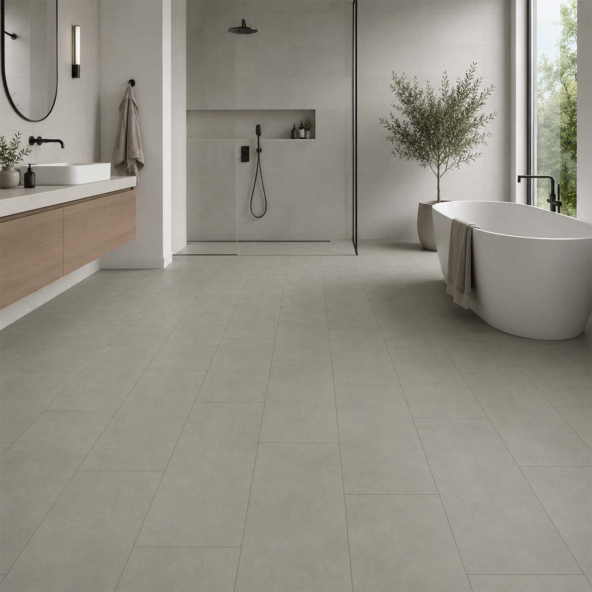 Klick Vinylboden Killelton Pro Nature Classen in einem modernen Badezimmer mit Badewanne und Dusche