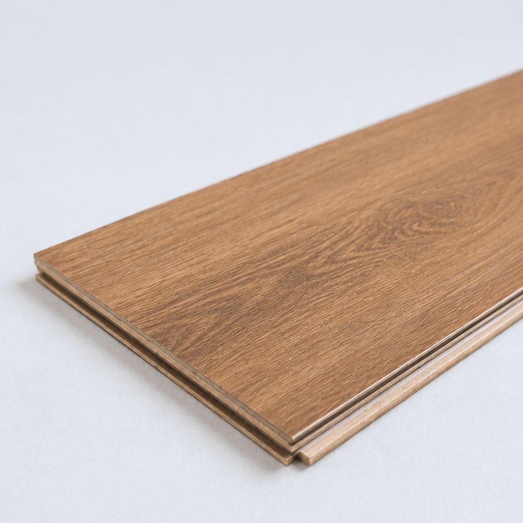 Einzelne Vinyldiele in warmem Nussbaumton mit realistischer Holzmaserung im Detail von Floor4all