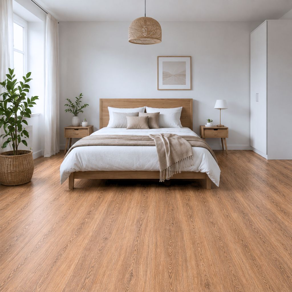 Nussbaum-Vinylboden im Schlafzimmer mit hellem Massivholzbett und ruhiger Wohnatmosphäre von Floor4all