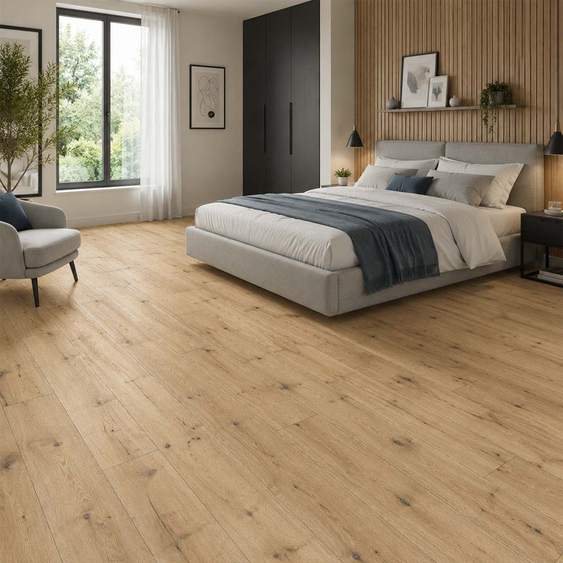 Klick Vinylboden Sumatra Pro Nature Classen in einem ruhigen Schlafzimmer mit natürlicher Eichenoptik