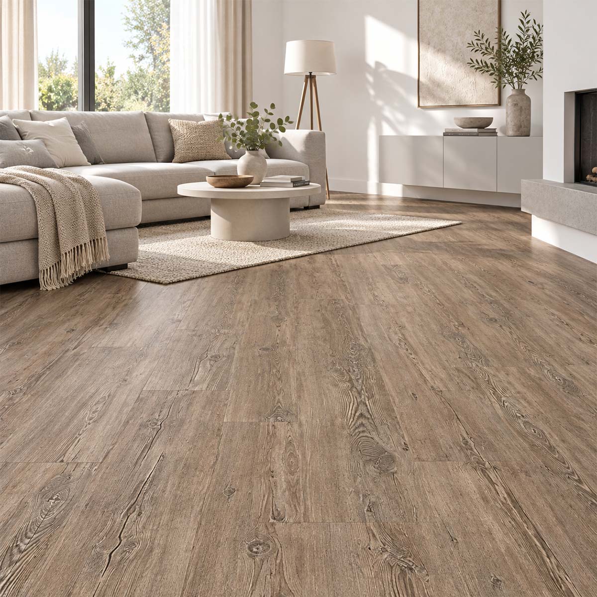 Klick Vinylboden Tuscan Pine mit Kork Trittschalldämmung in einem modernen hellen Wohnzimmer