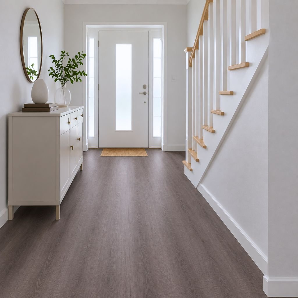 Grau-brauner Vinylboden im Flur mit Treppenaufgang und heller Wandgestaltung von Floor4all