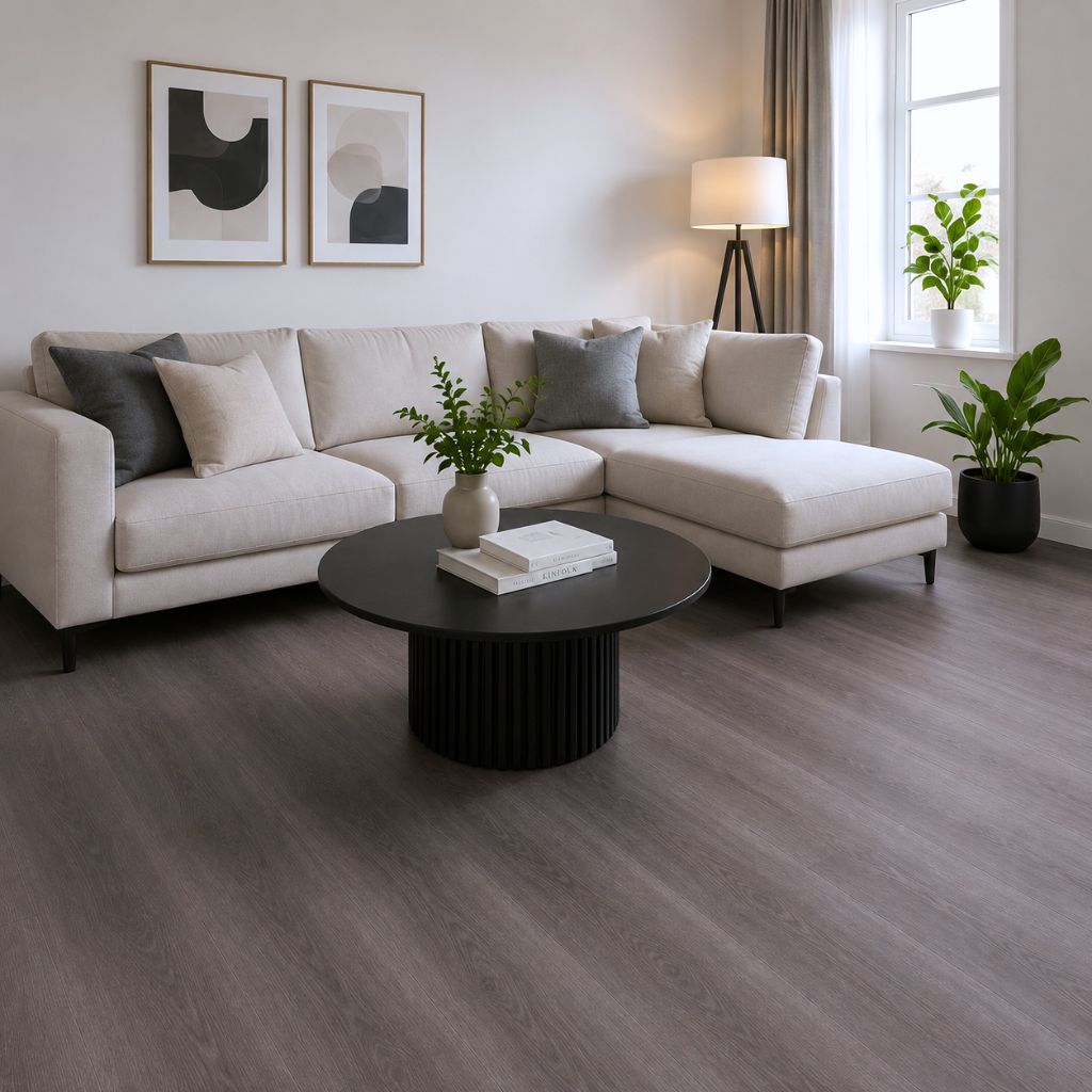 Grau-brauner Vinylboden im Wohnzimmer mit gemütlicher Sofalandschaft und rundem Couchtisch von Floor4all