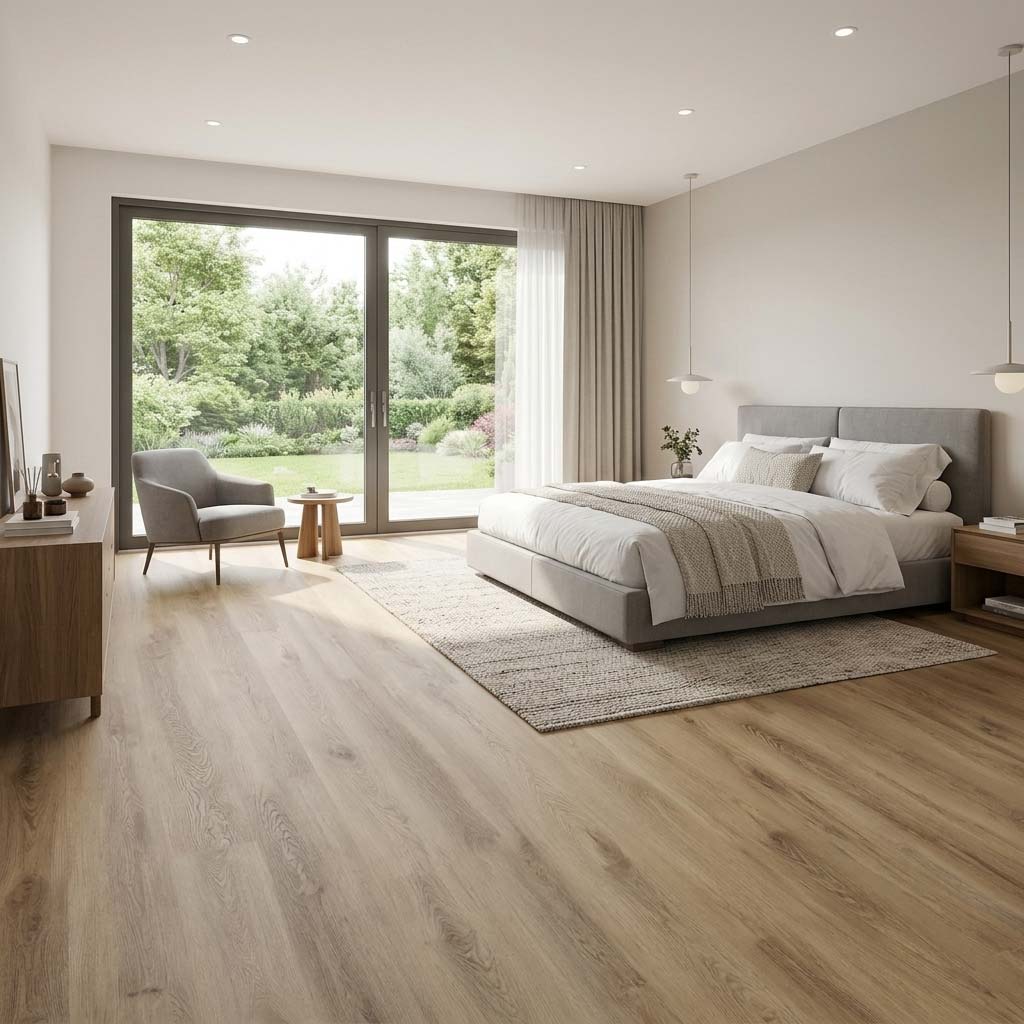 Klick Vinyl Eiche Stilla mit Trittschalldämmung im Schlafzimmer - Floor4all